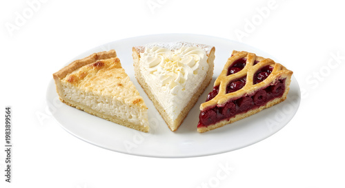 pieces of rice and cream along with cherry pie on a light backdrop
