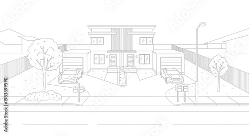 Modern duplex house on a suburban street, minimalist line drawing