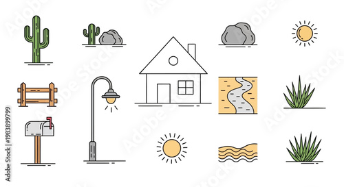 Desert elements and house set with outdoor icons illustration.