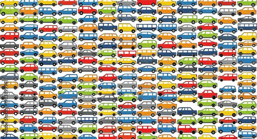 A large collection of colorful cartoon cars arranged in a grid pattern.