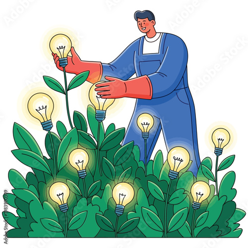 Gardener cultivating innovative ideas with light bulbs growing in garden metaphor for creativity and growth.