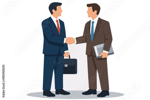 Modern vector illustration of two well-dressed professional men shaking hands to seal a business deal, representing agreement, collaboration, and mutual success.