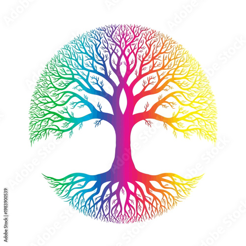 Vibrant Rainbow Tree of Life with Roots and Branches on White Background