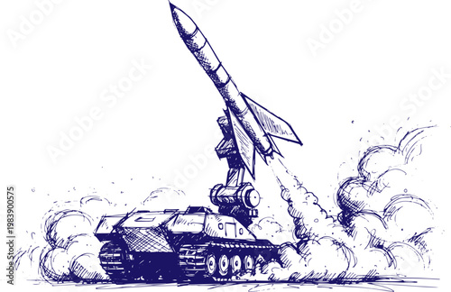Hand Drawn Surface-to-Air Missile Launch from Ground Launcher with Radar Guidance and Smoke Trail Sketch