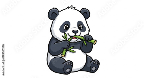 Cute Cartoon Panda Eating Bamboo Illustration.
