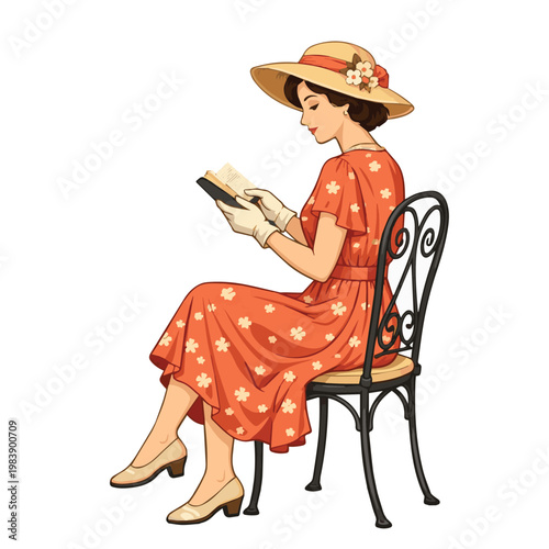 Elegant vector art of a woman wearing a vintage dress and round hat, seated peacefully as she reads a book, evoking timeless charm and a serene, classic atmosphere.