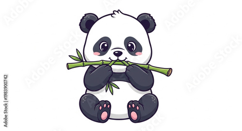 Cute cartoon panda eating bamboo illustration.