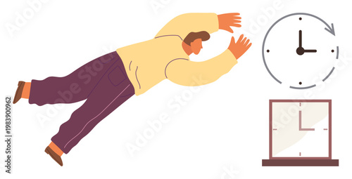 Time management, productivity, deadlines, goal setting, efficiency, time tracking. Person floating toward clock symbols. Time management and productivity with dynamic visuals