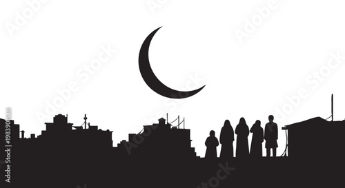 Silhouette of people standing on rooftop under crescent moon in dark dramatic lighting for Ramadan or Islamic holiday greeting card