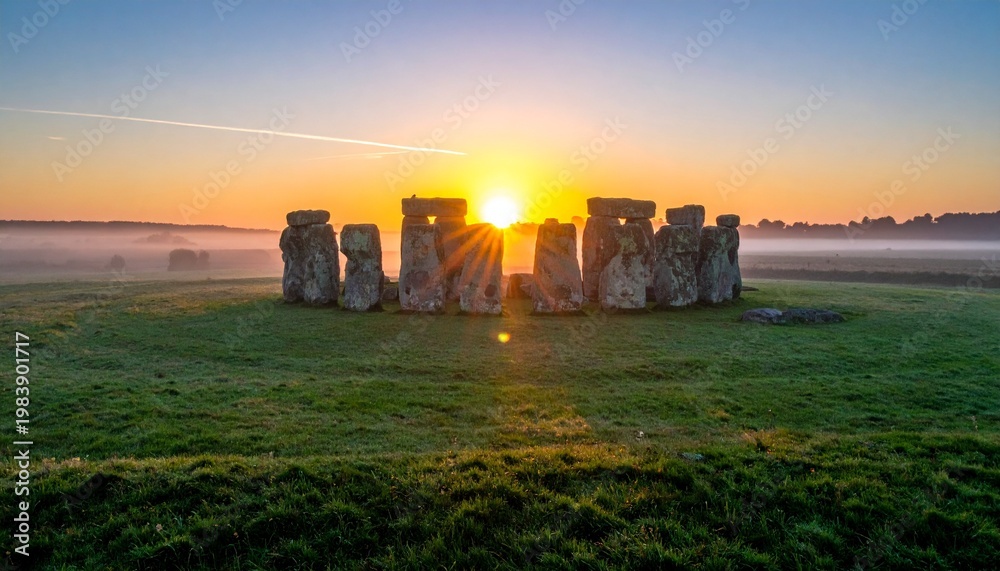 Obraz premium Mystical Stone Circle Alignment with Golden Sunrise over Misty Green Fields.