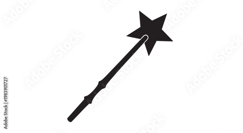 Black magic wand with star tip in minimalist illustration for fantasy