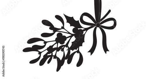 Mistletoe silhouette with ribbon bow in minimalist style for Christmas decoration