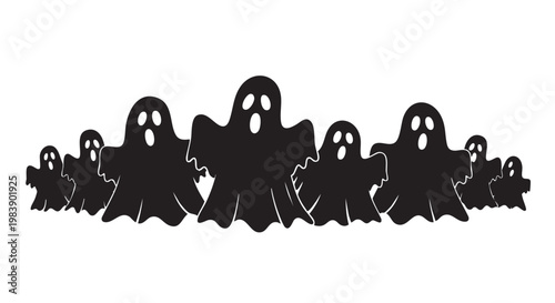 Group of black ghost silhouettes in spooky scary mood with white outline details in dark monochrome lighting for Halloween decoration