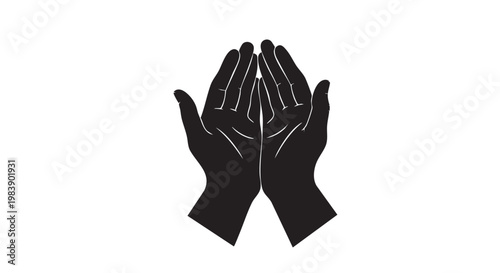 Praying hands in simple black silhouette on white background for spirituality