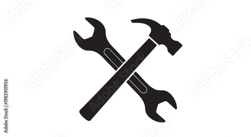 Crossed hammer and wrench in black silhouette on white background for DIY