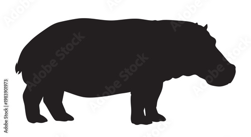 Hippopotamus silhouette profile view dark monochrome isolated on white background for wildlife illustration