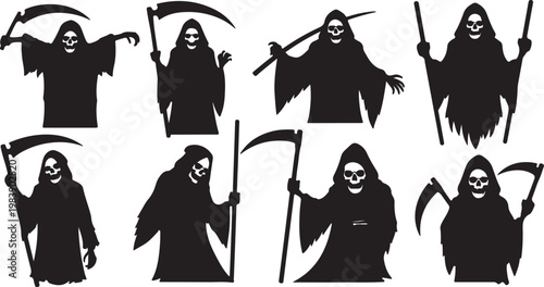 Eight stylized grim reaper silhouettes with varying poses and tools silhouette vector icon