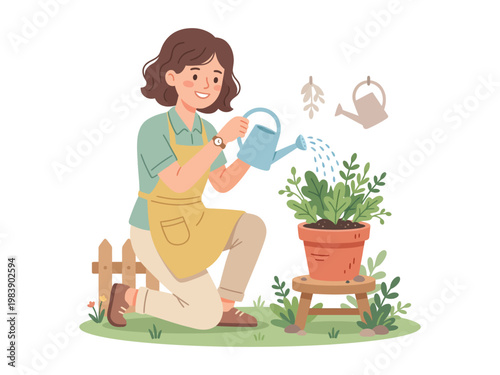 Happy woman wearing an apron kneeling on the grass watering a potted plant with a watering can in a garden setting surrounded by small fence and green foliage Vector illustration