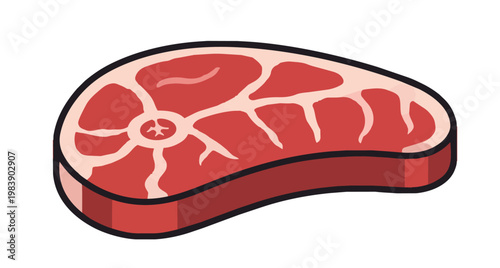 A clean vector illustration of a raw beef steak with thick marbling and a bold black outline. This high-quality graphic features a 3D perspective, isolated on a white background