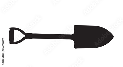 Black shovel silhouette in simple minimalistic style with solid white background for gardening or construction