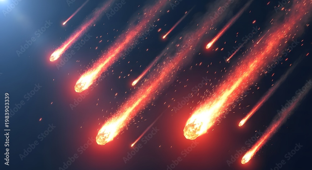 Obraz premium Burning Meteor Shower Falling Through Dark Space