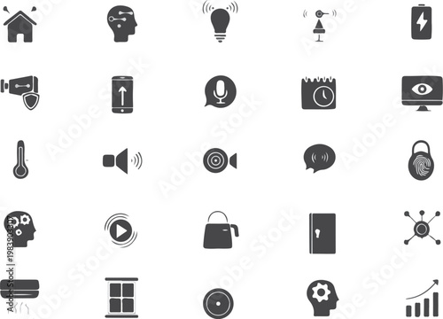 Smart home and technology icon set featuring security, voice control, AI, sensors, battery and interface symbols for UI, apps and IoT design