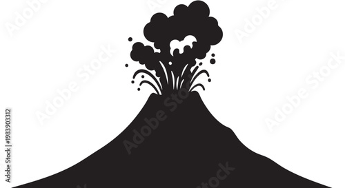 Erupting volcano silhouette in dramatic dark monochrome for geology education