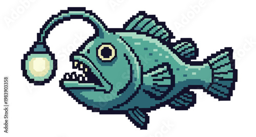 a deep-sea anglerfish, featuring a classic 8-bit retro gaming aesthetic. The character is teal with a glowing yellow bioluminescent lure and sharp teeth
