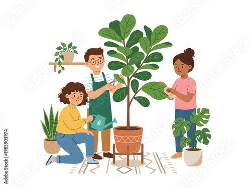 People taking care of plants and gardening together in a friendly and collaborative atmosphere at home  teamwork and cooperation Vector illustration