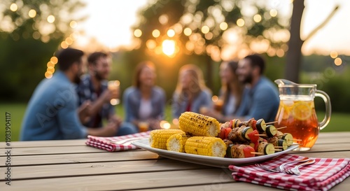 Back to school sunset gathering at wooden picnic buffet table with corncobs iced tea and cheerful friends outdoors wide view