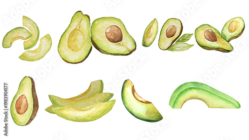 Fresh, ripe avocado slices and halves, a healthy and delicious ingredient for your culinary creations
