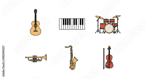 Musical Instruments Variety Guitar Piano.