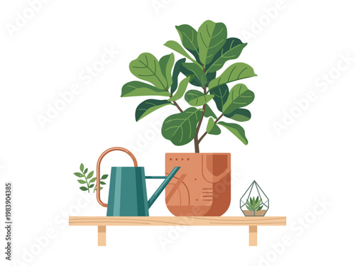 Plant in a terracotta pot with a watering can on a wooden shelf indoors  home decor and gardening concept Vector illustration