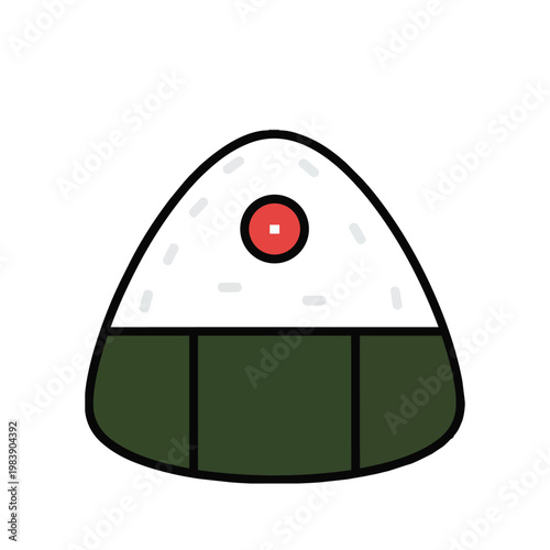 A clean and modern flat vector illustration of a traditional Japanese onigiri rice ball. Featuring a white triangular base, dark green nori seaweed wrap, and a red umeboshi center