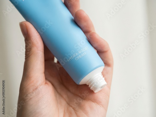 Hand holding a blue tube of cream or lotion