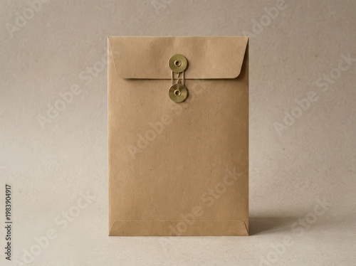 Vintage brown envelope with metal clasp isolated on a soft pink background