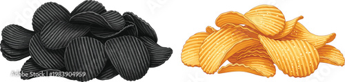 Two piles of ridged potato chips, black and golden yellow, snack food contrast, crunchy texture, flavor variety, tasty snac