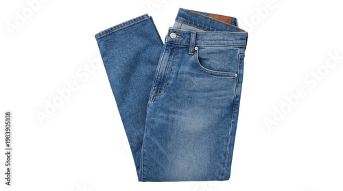 Folded blue denim jeans  casual fashion clothing with button and pocket details isolated on transparent background