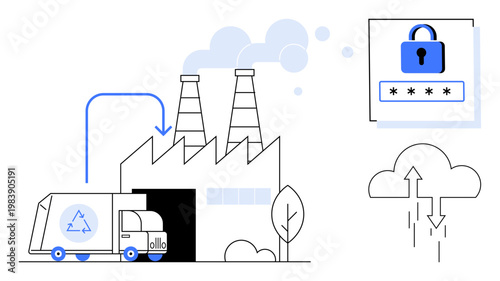 Sustainability concept. Sustainability with a recycling truck and factory emissions alongside cybersecurity symbols for protecting data. Sustainability and technology integration. For eco-tech, IT