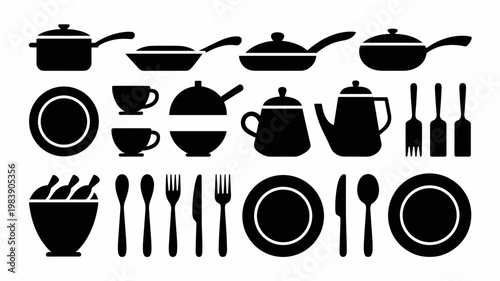 Kitchen Utensils Silhouette Vector Set Cookware, Cutlery, Teapot and Food Icons