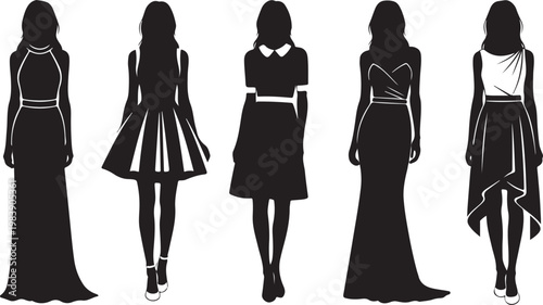Five elegant silhouettes showcasing diverse formal gown designs for special occasions silhouette vector icon
