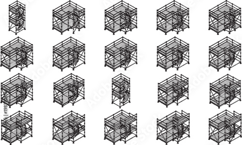 Intricate architectural models, presented in a monochromatic display, showing a range of perspectives.