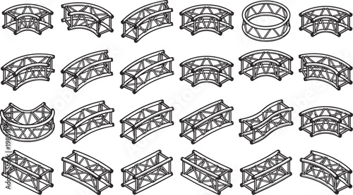Industrial steel structures presented in an isometric display, arranged in a grid-like composition, showcasing their sturdy framework and design.