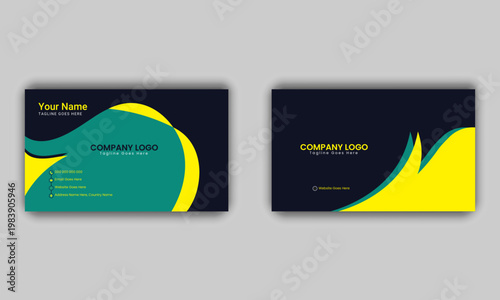 Modern Abstract Business Card Template with Green Yellow Shapes on Dark Background