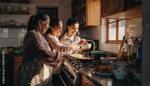 Warm multi-generational South Asian women cooking together in sunny kitchen