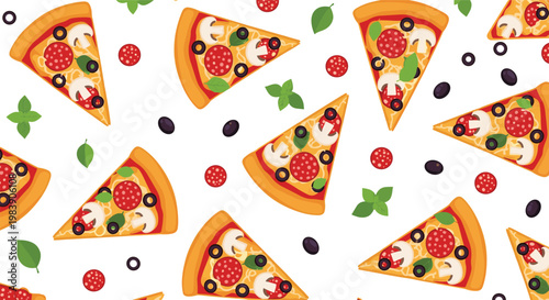 Seamless pizza pattern with pepperoni, olives, mushrooms and basil, delicious fast food background illustration for menu, packaging and textile design