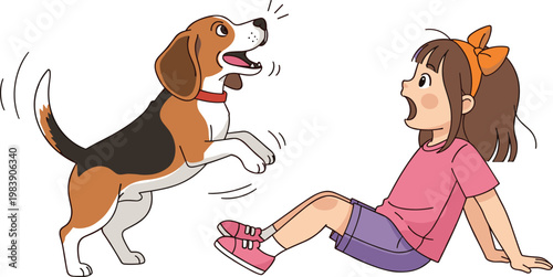 Girl frightened by barking dog vector illustration showing scared child sitting and aggressive pet jumping cartoon scene isolated design
