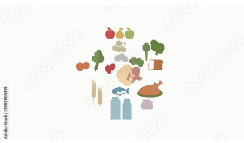 Healthy food groups circle diagram with fruits vegetables grains protein and dairy vector flat infographic set