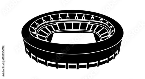 A stark black silhouette of a stadium s architectural form