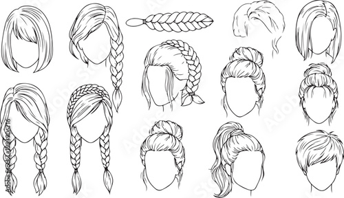 Diverse hairstyle sketches featuring braided and updo styles for different hair lengths vector icon